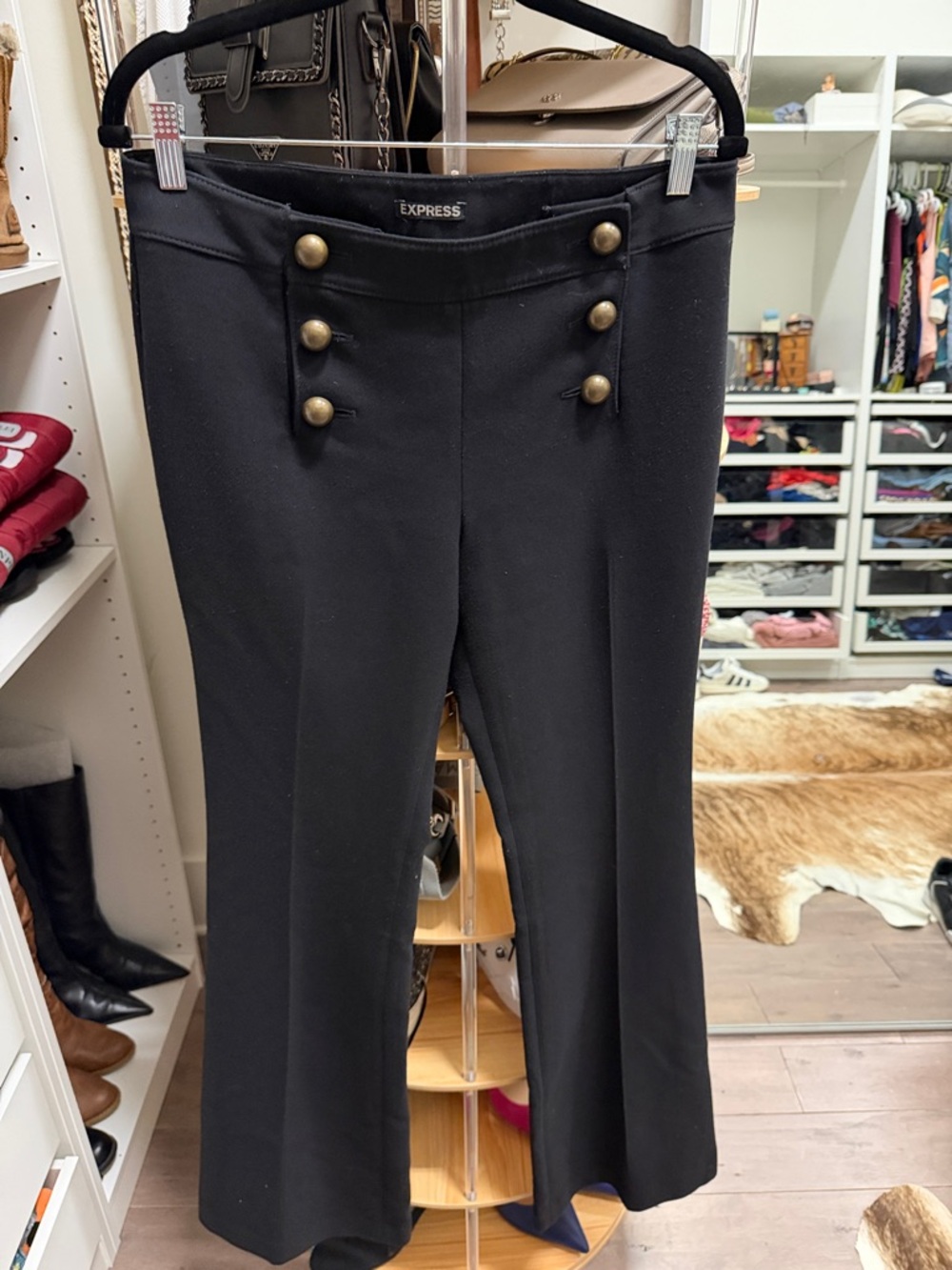 Express Black High-Rise Flare Pants with Brass Button Detail